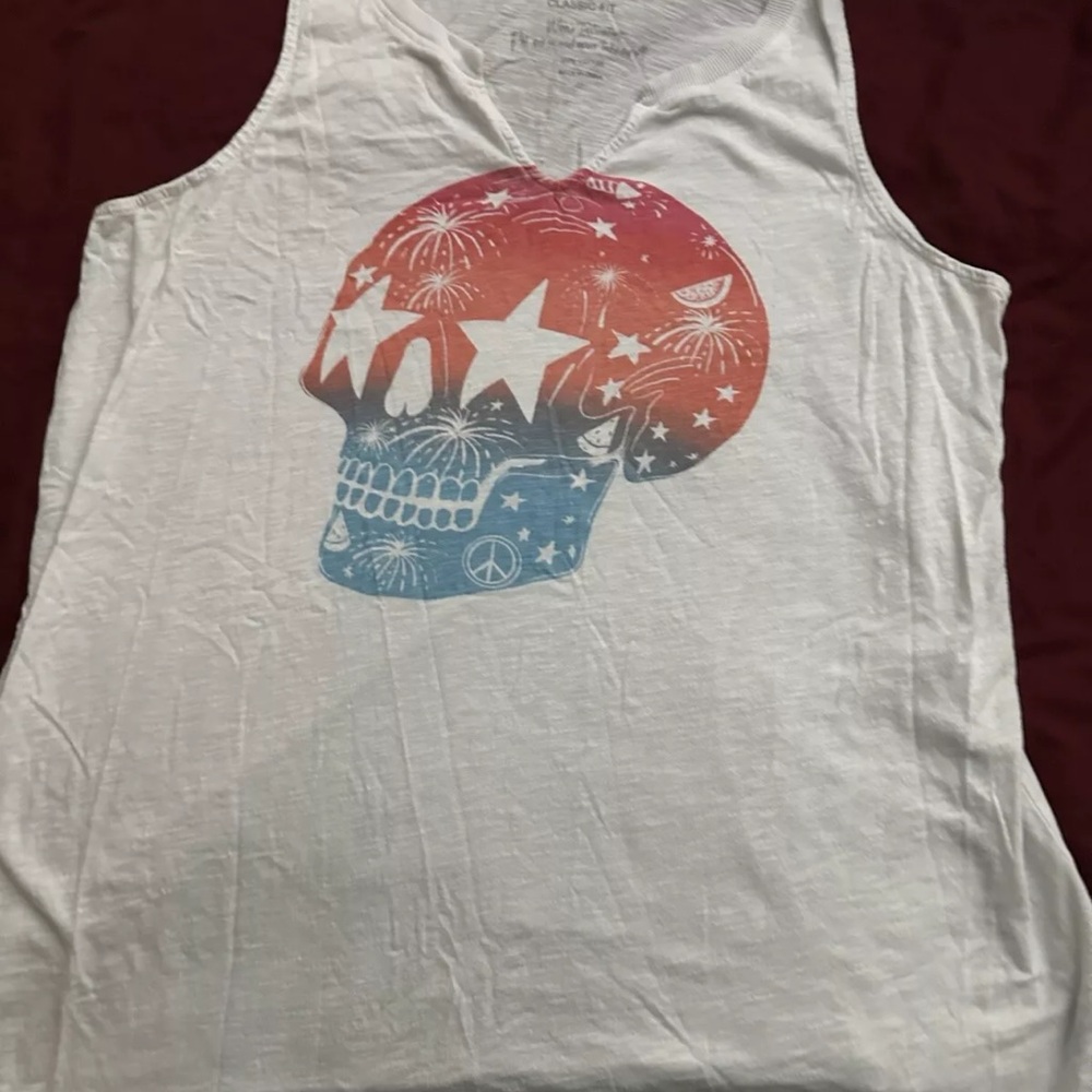 White Tank Top with Red and Blue Skull Graphic